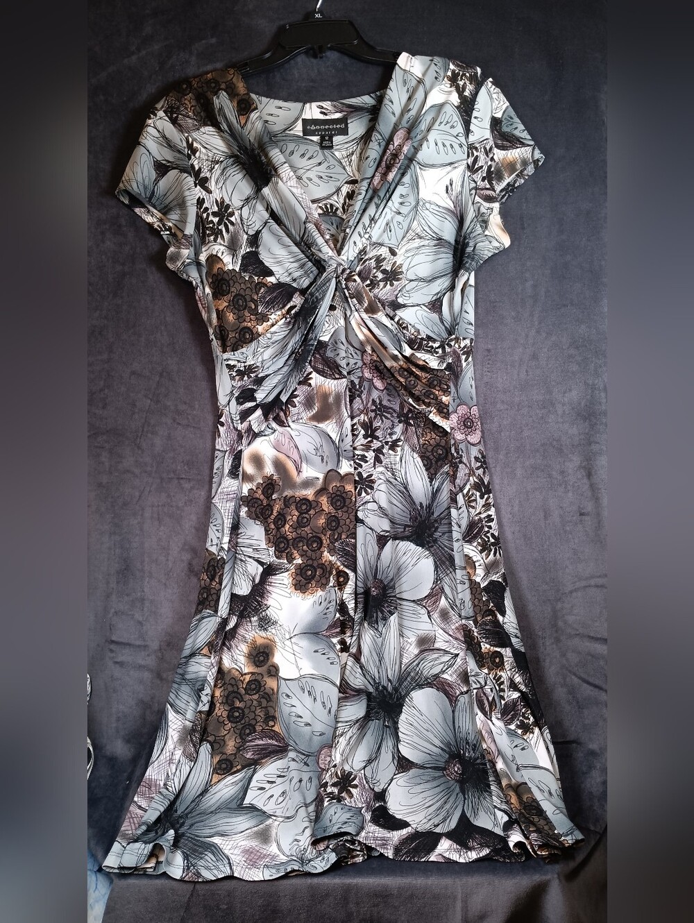 Connected Apparel Floral Print Midi Dress in Brown, Black & Mauve. Flattering